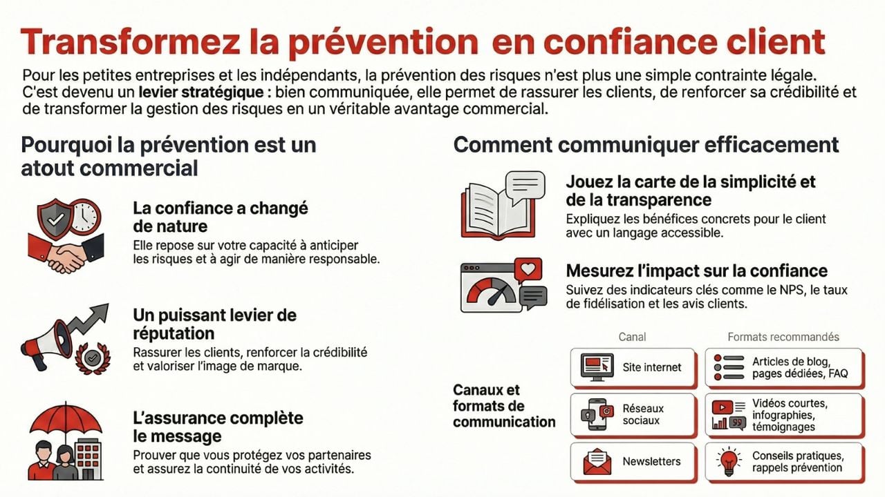 Visuel récapitulatif sur comment transformer la prévention en confiance client : réputation, communication, protection.