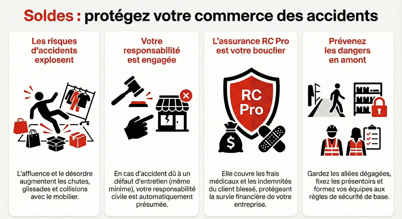 Accident client pendant les soldes 2026 : responsabilité commerçant engagée.